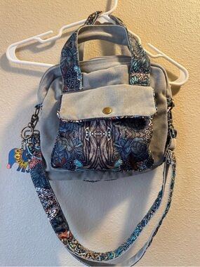 Sakroots Gray Canvas Crossbody with Blue Patterned Trim